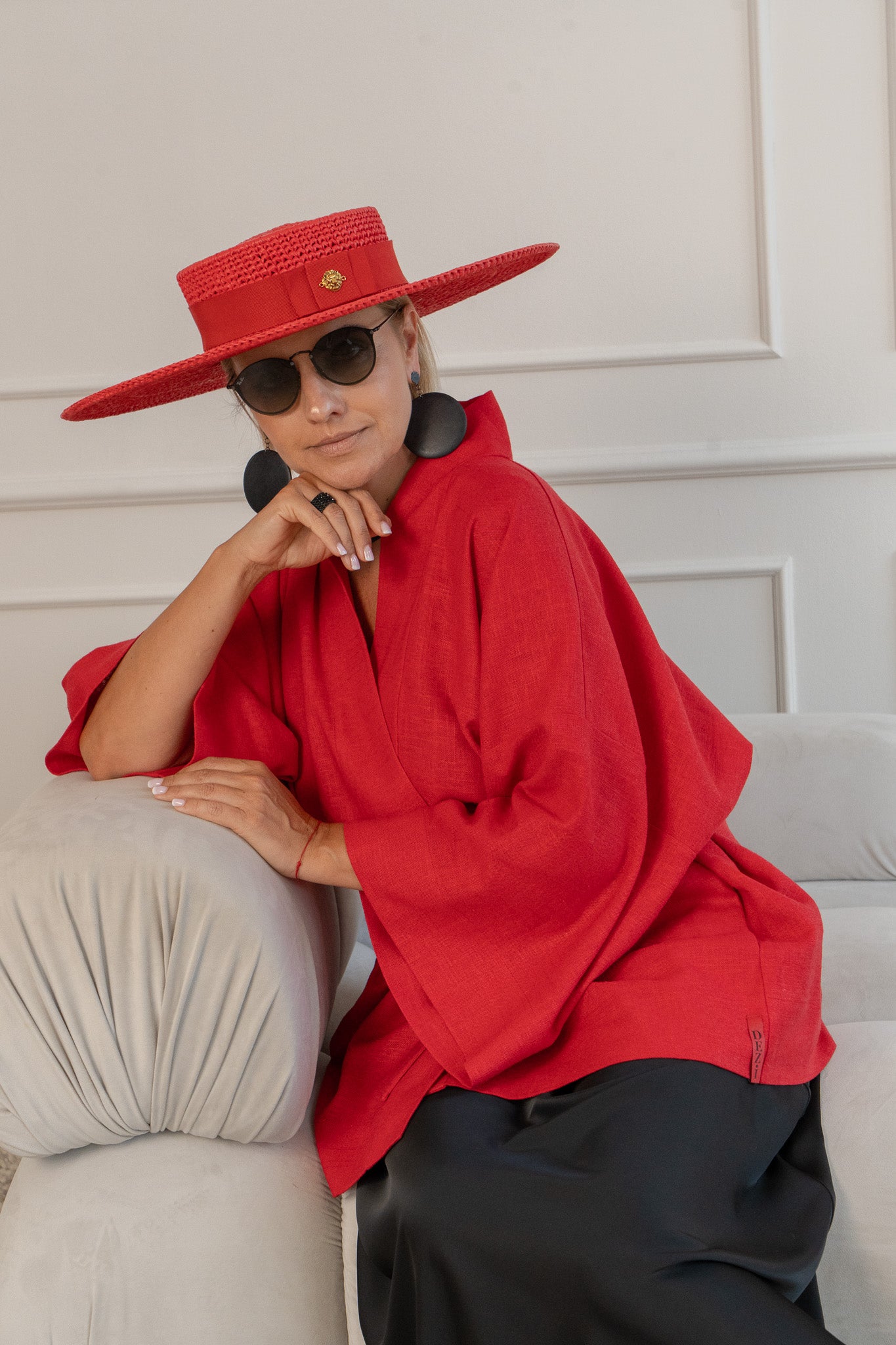 Sarkans viskozes un lina kimono