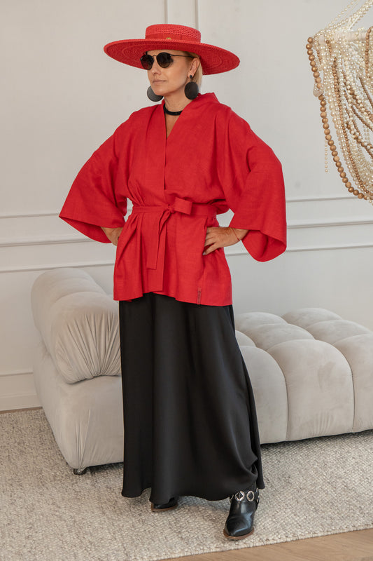 Sarkans viskozes un lina kimono